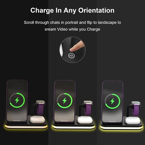 Charger Station 3 in 1 Wireless Charging Station for Apple with LED and Adapter，Desk Charger for iPhone 15,14,13,12 Pro/Max/Mini/Plus, Watch 8/7/6/SE/5/4, Airpods 3/2/Pro in Kuwait