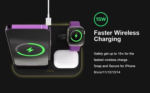 Charger Station 3 in 1 Wireless Charging Station for Apple with LED and Adapter，Desk Charger for iPhone 15,14,13,12 Pro/Max/Mini/Plus, Watch 8/7/6/SE/5/4, Airpods 3/2/Pro in Kuwait