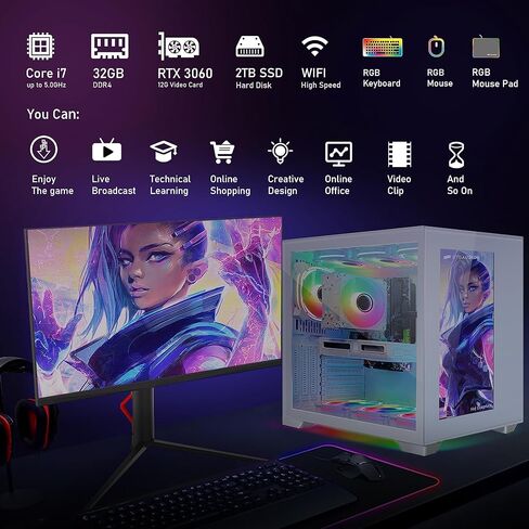 كمبيوتر سطح المكتب للألعاب STGAubron، Intel Core i7-11700KF حتى 5.0G، 32G DDR4، 2T SSD، GeForce RTX 3060 12G GDDR6،600M WiFi، BT 5.0، RGB Fan x 9، لوحة مفاتيح وماوس RGB، لوحة ماوس RGB، W11H64، Windows 11 Home in Kuwait