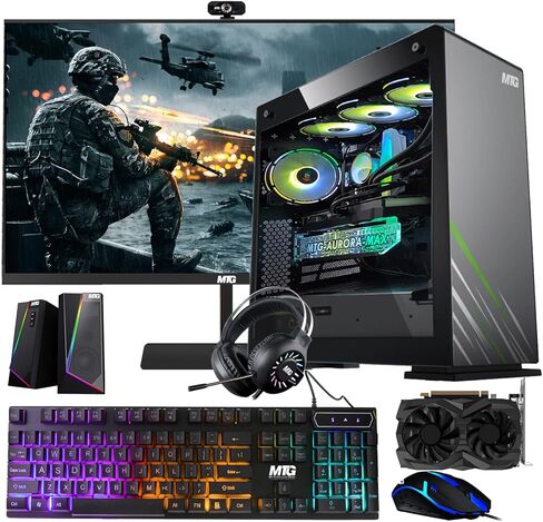 كمبيوتر MTG Aurora Max Gaming Tower PC- Intel i7 الجيل الرابع، RTX 4060 8GB DDR6، 16GB ARGB RAM، 256GB Nvme + 2TB HDD، ماوس لوحة مفاتيح RGB، مكبر صوت، تبريد سائل، كاميرا ويب، Win 10 Pro in Kuwait