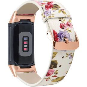 Abanen Leather Bands for Fitbit Charge 6/Charge 5, Floral Print Soft Leather Women Wristband Strap with Stainless Steel Quick Release Compatible with Fitbit Charge 5