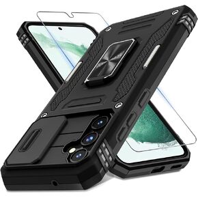 DEERLAMN Case for Samsung Galaxy S25 6.2-Inch with Slide Camera Cover+Screen Protector (1 Pack), Rotated Ring Kickstand Military Grade Shockproof Protective Cover-Navy Blue