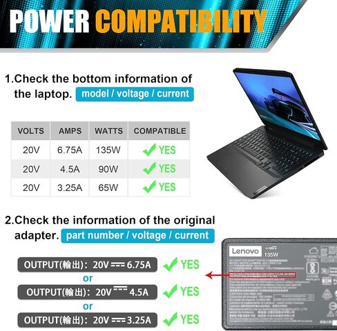 20V 6.75A 135W AC Power Adapter Laptop Charger Compatible with Lenovo IdeaPad Y40-70 Y50-70 Y50-70AM-IFI Y70-70 Y700 Z710 Power Cord in Kuwait