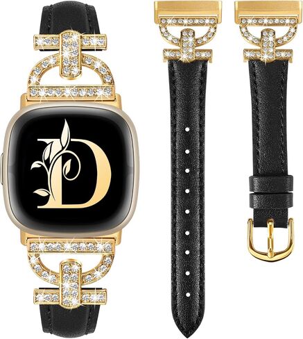 Minyee Leather Bands Compatible with Fitbit Versa 4/Versa 3/Sense 2/Sense Band for Women, Dressy Bling Slim Leather Strap with D-shaped Diamonds Metal Buckle for Versa 4 in Kuwait