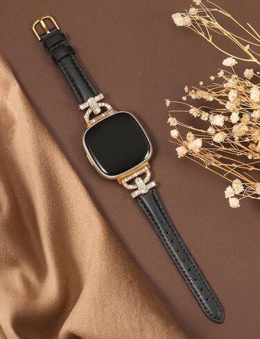 Minyee Leather Bands Compatible with Fitbit Versa 4/Versa 3/Sense 2/Sense Band for Women, Dressy Bling Slim Leather Strap with D-shaped Diamonds Metal Buckle for Versa 4 in Kuwait