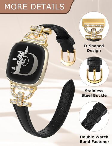 Minyee Leather Bands Compatible with Fitbit Versa 4/Versa 3/Sense 2/Sense Band for Women, Dressy Bling Slim Leather Strap with D-shaped Diamonds Metal Buckle for Versa 4 in Kuwait