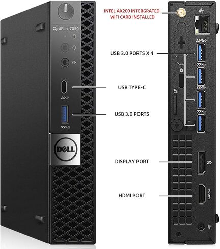 Dell Mini PC OptiPlex 7050 أجهزة كمبيوتر صغيرة، Intel i7-6700T 2.8 جيجا هرتز، 32 جيجا DDR4 رام جديد 512 جيجا M.2 NVMe SSD، AX200 مدمج WiFi 6 Bluetooth 5.2، HDMI، سطح المكتب المجدد، Windows 10 Pro (متجدد) in Kuwait