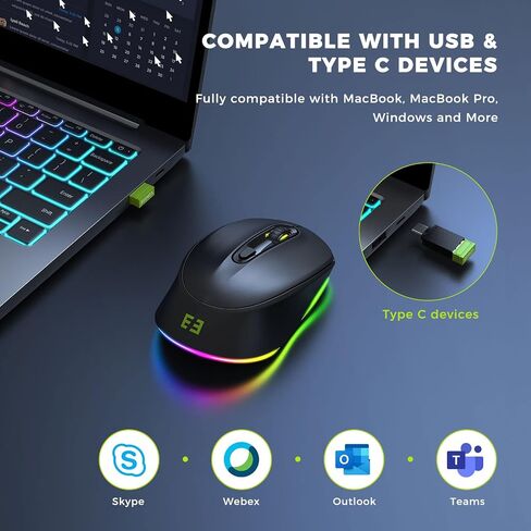 ماوس سيندا USB C لاسلكي لجهاز MacBook، محرك ماوس 2 في 1، قابل لإعادة الشحن مع قوس قزح LED، جهاز محرك ماوس غير قابل للاكتشاف لجهاز MacBook Pro/Air وWindows Laptop - أسود in Saudi Arabia