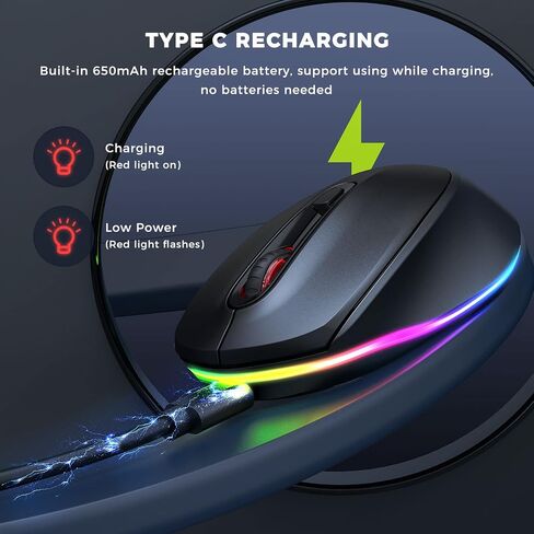 ماوس سيندا USB C لاسلكي لجهاز MacBook، محرك ماوس 2 في 1، قابل لإعادة الشحن مع قوس قزح LED، جهاز محرك ماوس غير قابل للاكتشاف لجهاز MacBook Pro/Air وWindows Laptop - أسود in Saudi Arabia
