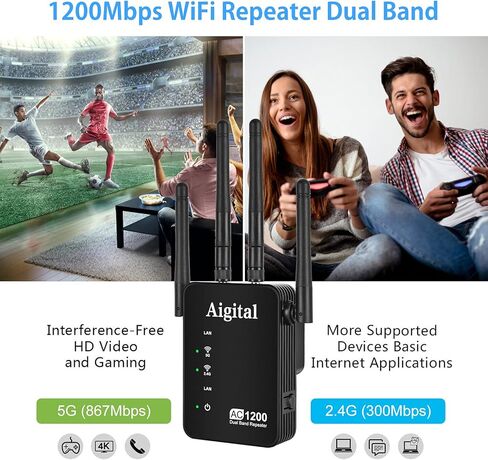 WiFi Extender, 1200Mbps WiFi Extender Signal Booster Long Range Outdoor, Dual Band WiFi Booster Wireless Repeater with Ethernet Ports,Covers up to 3000Sq.ft and 30 Devices,4 Ethernet Ports, Easy Setup in Kuwait