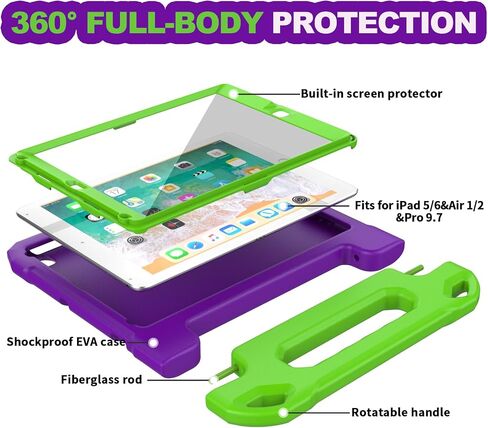 YIHE Kids Case for iPad 9.7" 6th/5th Gen, Air 2nd/1st, Pro 9.7", Cyan&Pink in Kuwait