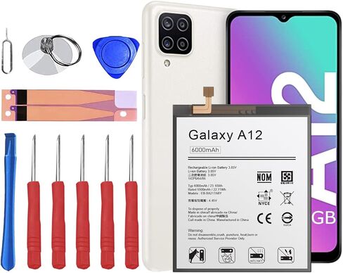 بطارية HamnaKhu Galaxy A12، EB-BA217ABY 6000 مللي أمبير في الساعة بديلة عالية السعة لهاتف Samsung Galaxy A12 SM-A125U SM-A125F SM-A125M مع مجموعة أدوات إصلاح كاملة in Kuwait