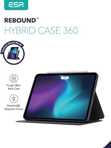 حافظة ESR دوارة لجهاز iPad Pro 11 بوصة (2022/2021، الجيل الرابع/الثالث)، حافظة iPad Pro 11 قابلة للطي مع حامل أقلام، غطاء مغناطيسي قابل للإزالة، حامل عمودي، سلسلة Rebound 360، أسود in Kuwait