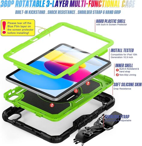 Case Compatible with iPad (A16) 11th 2025/10th Gen 2022 | Built-in Screen Protector, Pen Holder, Heavy Duty Shockproof Rugged Protective Case W/Handle Shoulder Strap in Kuwait