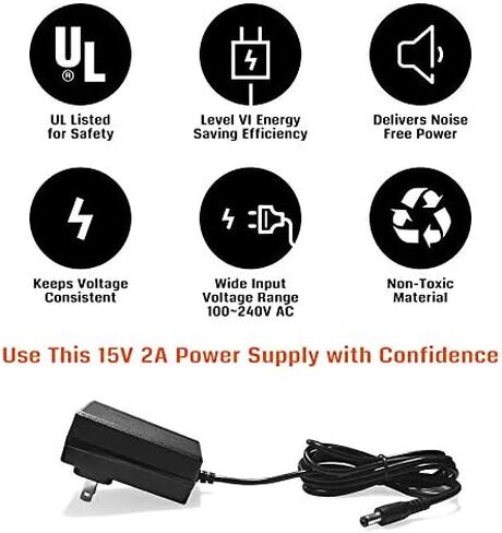 UL Listed 15V 2A Power Supply, 100-240V AC to 15VDC 2000mA Wall Charger Replacement Adapter with 5.5mm x 2.1mm /2.5mm, 3.5 x 1.35mm, 4.8mm x 1.7mm Output Jack for AIMTOM SPS-155 and Small Electronics in Saudi Arabia