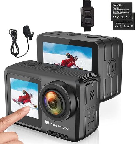 Icefox Action Camera 5K 30FPS 20MP with Touch Screen, EIS 4X Zoom Adjustable View Angle, 98FT 30M Waterproof Underwater Camera Remote Control Sports Camera with External Microphone and Accessories Kit in Kuwait