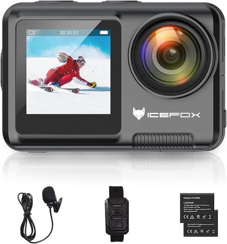 Icefox Action Camera 5K 30FPS 20MP with Touch Screen, EIS 4X Zoom Adjustable View Angle, 98FT 30M Waterproof Underwater Camera Remote Control Sports Camera with External Microphone and Accessories Kit in Saudi Arabia