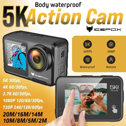 Icefox Action Camera 5K 30FPS 20MP with Touch Screen, EIS 4X Zoom Adjustable View Angle, 98FT 30M Waterproof Underwater Camera Remote Control Sports Camera with External Microphone and Accessories Kit in Saudi Arabia
