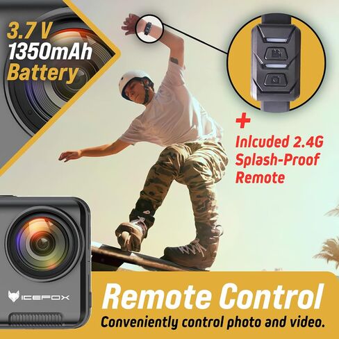 Icefox Action Camera 5K 30FPS 20MP with Touch Screen, EIS 4X Zoom Adjustable View Angle, 98FT 30M Waterproof Underwater Camera Remote Control Sports Camera with External Microphone and Accessories Kit in Saudi Arabia