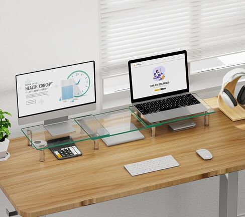 حامل شاشة مزدوج من Ergofocus، حامل شاشة كمبيوتر من الزجاج المقسى، حامل شاشة زجاجي شفاف لشاشتين، حامل شاشة بطول قابل للتعديل وزاوية للكمبيوتر والكمبيوتر المحمول وأجهزة الكمبيوتر الشخصية وأجهزة iMac in Kuwait