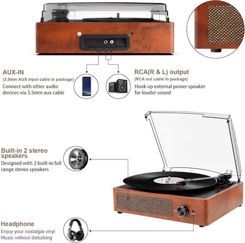 Vinyl Record Player Bluetooth Turntable with 2 Built-in Speakers 3-Speed Vintage LP Player, Support Bluetooth in RCA Out Aux in Headphone Jack in Saudi Arabia