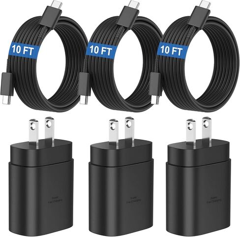 شاحن سريع من النوع C 25 وات شاحن هاتف Android USB C Block مع كابل شحن سريع من النوع 10 قدم C إلى C لهاتف Samsung Galaxy S23 Ultra/S23/S23+/S22/S22 Ultra/S22+/S21/S20/Note 10/20، Z Fold/ فليب، 3 عبوات in Kuwait