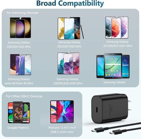 شاحن سريع من النوع C 25 وات شاحن هاتف Android USB C Block مع كابل شحن سريع من النوع 10 قدم C إلى C لهاتف Samsung Galaxy S23 Ultra/S23/S23+/S22/S22 Ultra/S22+/S21/S20/Note 10/20، Z Fold/ فليب، 3 عبوات in Kuwait