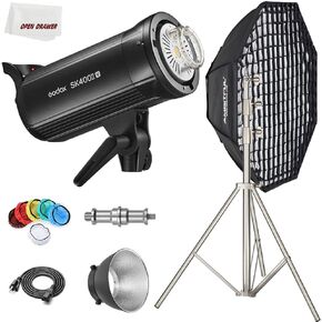 طقم إضاءة ستروب Godox SK400II-V، ضوء ستروب ستوديو 400 وات، لاسلكي مدمج 2.4 جيجا، وقت إعادة التدوير 0.1-1.5 ثانية، لتركيب بوينز مع صندوق سوفت بوكس ​​مثمن 47 بوصة، حامل إضاءة شديد التحمل من الفولاذ المقاوم للصدأ 106 بوصة in Kuwait