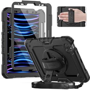 Timecity Case for iPad Pro 11 inch 4th Generation Case 2022, Shockproof Case with Screen Protector &Pencil Holder+Rotating Stand+Handle for iPad Pro 11 2021/2020/2018 (3rd, 2nd, 1st Gen) - Dark Blue