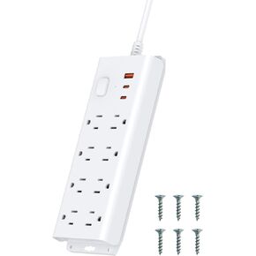 Surge Protector Power Strip, 5ft Flat Plug Extension Cord with 8 Outlets and 3 USB Ports (1xUSB A, 2X USB C), 20W Fast Charging USB Port, Wall Mount Power Strip (Mount Screws Included)