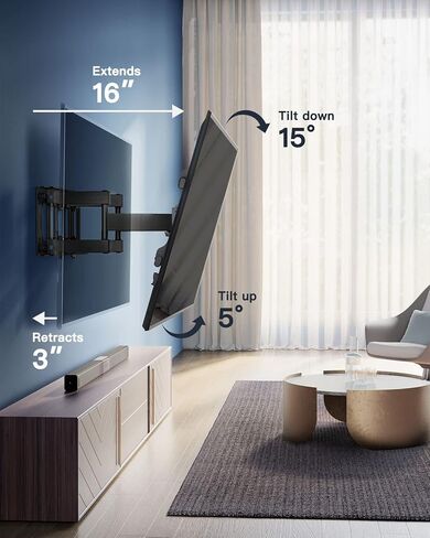 حامل جدار تلفزيون كامل الحركة من PERLESMITH لمعظم أجهزة التلفاز المنحنية المسطحة مقاس 37-84 بوصة حتى 132 رطلاً، يناسب مسامير خشبية مقاس 12 بوصة/16 ​​بوصة، حامل تلفزيون بأذرع مزدوجة مفصلية، تسوية إمالة دوارة، الحد الأقصى 600 × 400 مم in Kuwait