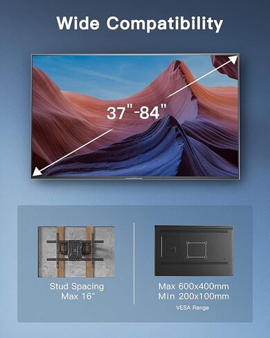 حامل جدار تلفزيون كامل الحركة من PERLESMITH لمعظم أجهزة التلفاز المنحنية المسطحة مقاس 37-84 بوصة حتى 132 رطلاً، يناسب مسامير خشبية مقاس 12 بوصة/16 ​​بوصة، حامل تلفزيون بأذرع مزدوجة مفصلية، تسوية إمالة دوارة، الحد الأقصى 600 × 400 مم in Kuwait