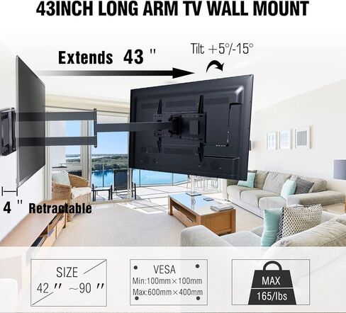 FORGING MOUNT حامل تلفزيون طويل التمديد، ذراع مفصلي مزدوج حامل تلفزيون كامل الحركة على الحائط مع ذراع طويل 43 بوصة، يناسب أجهزة التلفاز المسطحة/المنحنية مقاس 42 إلى 90 بوصة، يحمل ما يصل إلى 165 رطلاً، متوافق مع VESA 600x400 مم in Kuwait