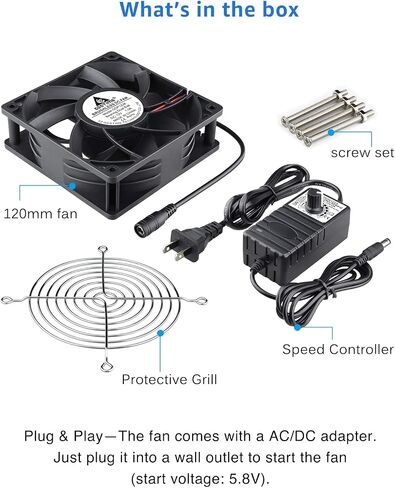 GDSTIME 120mm IP67 Waterproof Fan w/Speed Controller 110V 120V AC Powered | 12V Computer Fan with AC Plug, for Terrarium, Biltong Box, Chicken Coop, Greenhouse Cabinet, DIY Cooling Ventilation Projects in Kuwait