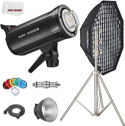 طقم إضاءة ستروب Godox SK400II-V، ضوء ستروب ستوديو 400 وات، لاسلكي مدمج 2.4 جيجا، وقت إعادة التدوير 0.1-1.5 ثانية، لتركيب بوينز مع صندوق سوفت بوكس ​​مثمن 47 بوصة، حامل إضاءة شديد التحمل من الفولاذ المقاوم للصدأ 106 بوصة in Kuwait