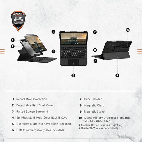حافظة URBAN ARMOR GEAR UAG مصممة لجهاز iPad 10.9 بوصة الجيل العاشر 2022 مع لوحة مفاتيح قابلة للفصل باللون الأسود/الرمادي الإنجليزي، لوحة مفاتيح بلوتوث لاسلكية متينة متعددة اللمس، لوحة تتبع بإضاءة خلفية، غطاء ذكي in Saudi Arabia