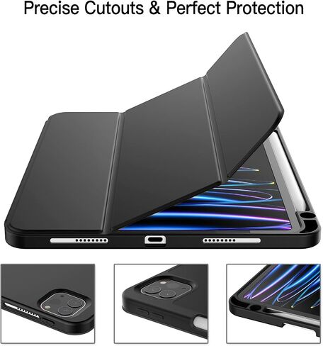 حافظة JETech لجهاز iPad Pro 11 بوصة موديل 2022/2021/2020 (الجيل الرابع/الثالث/الثاني)، مع حامل قلم رصاص، تدعم شحن القلم الرصاص الثاني، غطاء كمبيوتر لوحي رفيع مع ظهر ناعم من مادة TPU، تنبيه/نوم تلقائي (أسود) in Kuwait