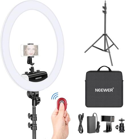Neewer Ring Light Kit [Upgraded Version-1.8cm Ultra Slim] - 18 inches, 3200-5600K, Dimmable LED Ring Light with Light Stand, Rotatable Phone Holder, Hot Shoe Adapter for Portrait Makeup Video Shooting in Saudi Arabia