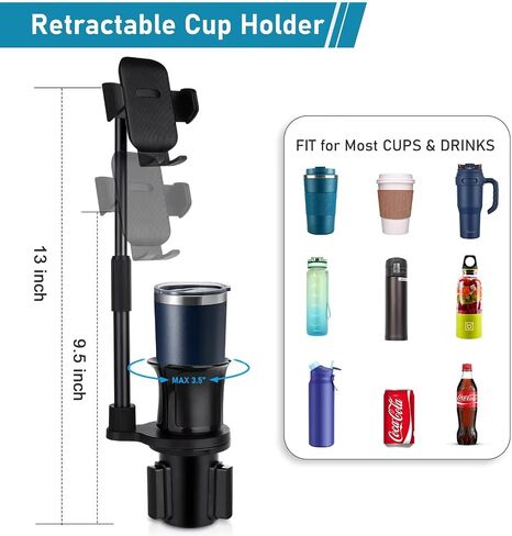 Cup Phone Mount for Car, 2 in 1 Universal Cup Phone Holder for Car, Stretchable Long Neck Car Phone Mount, Hands Free 360° Rotation, Compatible with All iPhone/Samsung Phones in Saudi Arabia