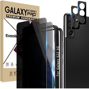 Esanik [2+2 Pack] واقي شاشة للخصوصية لهاتف Samsung Galaxy S22 Plus 5G 6.6 بوصة [ليس لـ S22/Ultra] طبقة مضادة للتجسس PET (ليس زجاجًا) مع إطار سهل التركيب + واقي عدسة الكاميرا متوافق مع معرف بصمة الإصبع