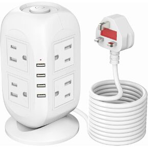 【5M】 برج قطاع الطاقة الواقي من زيادة التيار مع USB. TEEMDOM 12 في 1 شريط طاقة مع منافذ USB، برج حماية من زيادة التيار مع 8 منافذ مع 4 USB، سلك تمديد طويل 5 متر/15 قدم مع منافذ متعددة أبيض... in Kuwait