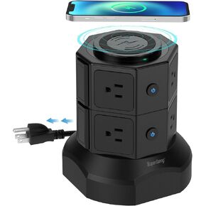 SUPERDANNY Power Strip Tower with 15W Wireless Charger, 6.5Ft Retractable Extension Cord, 1050J Surge Protector, Standing Charging Station with 8 AC Outlets & 4 USB Ports for Home Office, Deep Brown