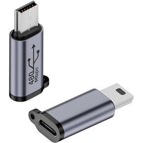 QIANRENON Mini USB Male to Micro USB Female Adapter Mini USB Plug to Micro USB2.0 Jack Charging Data Connector 480Mbps 18W 9V/2A, Al Alloy/Hook Hole, for Digital Camera MP3 Mobile Hard Drive, 2Pcs