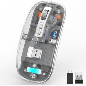Bluetooth Wireless Mouse Tri-Mode (BT5.1+BT5.1+2.4GHz) USB C Rechargeable Computer Mouse Full Transparent Silent Cordless Mouse with USB Receiver & Type C Adapter for Laptop/Mac/iPad/Chromebook Grey
