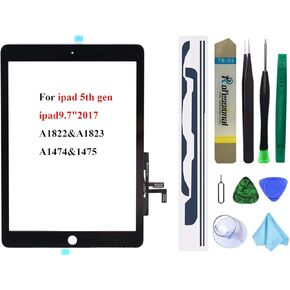 استبدال شاشة تعمل باللمس لجهاز iPad 5 2017 9.7 بوصة، A1822 A1823 A1474 A1475 مجموعة زجاجية رقمية بدون زر الصفحة الرئيسية (لا تشمل LCD) + لاصق مثبت مسبقًا + مجموعة أدوات (أبيض)