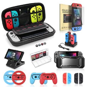 Accessories Bundle for Nintendo Switch, Kit with Carrying Case,Protective Case with Screen Protector,Compact Playstand,Game Case,Joystick Cap,Charging Dock,Grip and Steering Wheel for Nintendo Switch in Saudi Arabia