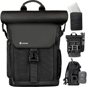 TARION Camera Backpack with Removable 16" Laptop Sleeve Canvas Camera Bag Photography Backpack for DSLR SLR Mirrorless Cameras Video Camcorder Includes Waterproof Raincover Black Rolltop DSLR Backpack