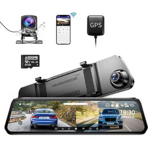 AZDOME PG17 WiFi Rear View Mirror Camera, 12" Mirror Dash Cam, Dual Camera 2.5K Front and 1080P Rear Camera for Car, Free 64GB TF Card, Waterproof Backup Camera Night Vision, Parking Assistance GPS