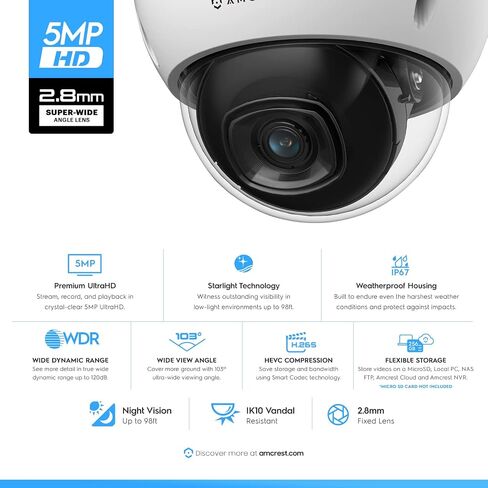 Amcrest 5MP POE Camera, Outdoor Vandal Dome Security POE IP Camera, 5-Megapixel, 98ft NightVision, 2.8mm Lens, IP67, IK10 Resistance, MicroSD 256GB (Sold Separately), Cloud, NVR (IP5M-D1188EW-AI-V3) in Saudi Arabia