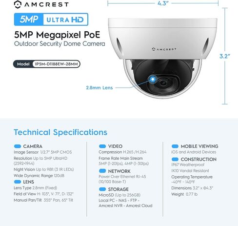 Amcrest 5MP POE Camera, Outdoor Vandal Dome Security POE IP Camera, 5-Megapixel, 98ft NightVision, 2.8mm Lens, IP67, IK10 Resistance, MicroSD 256GB (Sold Separately), Cloud, NVR (IP5M-D1188EW-AI-V3) in Saudi Arabia